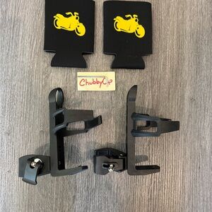 Motorcycle Cup Holder Mount Set + 2 GEICO Can Coolers (Like New)
